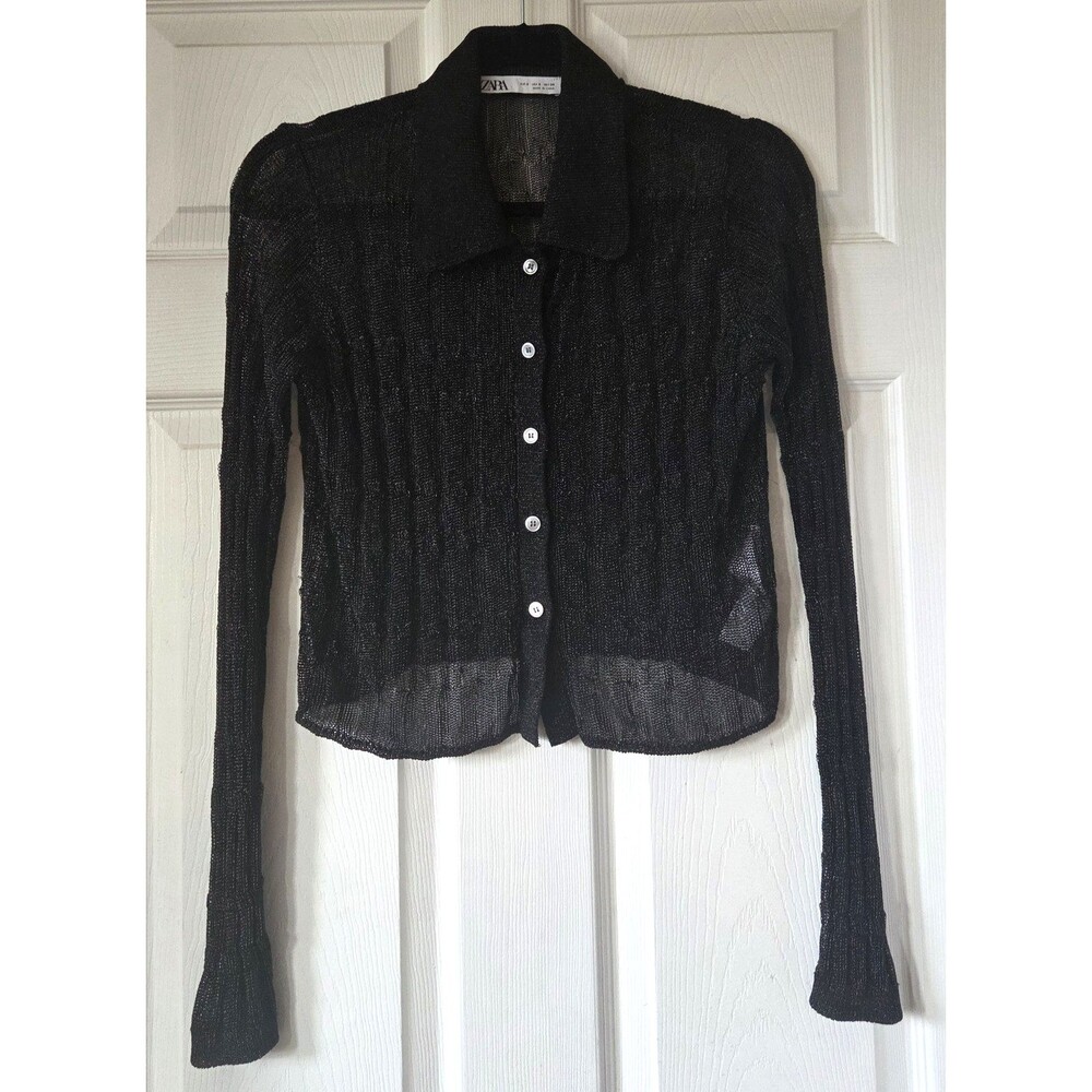 ZARA Women’s Sparkly Black Knit Long Sleeve Shirt Button Front Collared Size S